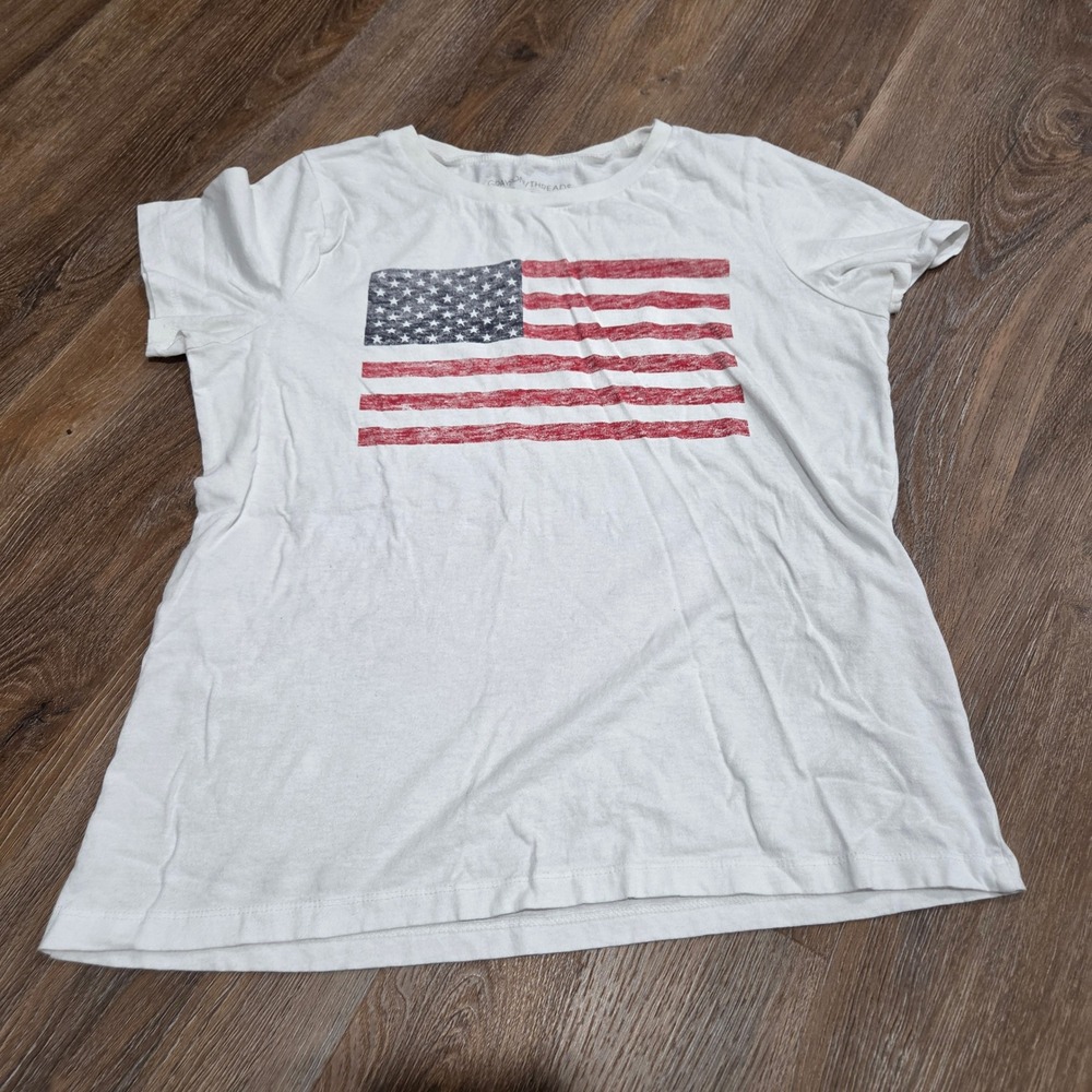 Grayson Threads Womens American Flag Graphic T-Shirt White Cotton M Distressed